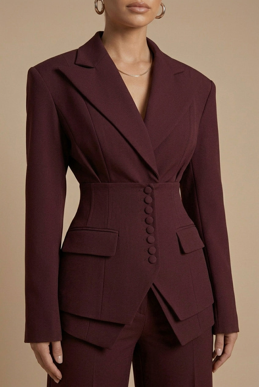 Women’s Set Suit Notched Collar Waist Button Detail – Evening Engagements