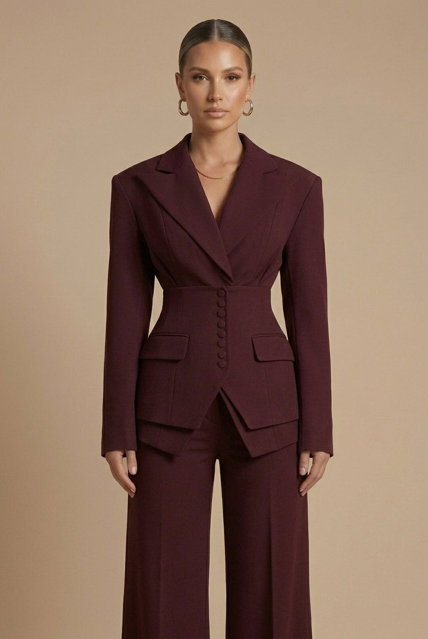 Women’s Set Suit Notched Collar Waist Button Detail – Evening Engagements