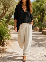 Women’s Set Turn Down Collar Button Front Shirt Elastic Waist Pants – Cafe Meetups