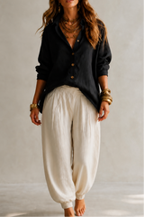Women’s Set Turn Down Collar Button Front Shirt Elastic Waist Pants – Cafe Meetups