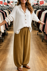 Women’s Set Turn Down Collar Button Front Shirt Elastic Waist Pants – Cafe Meetups