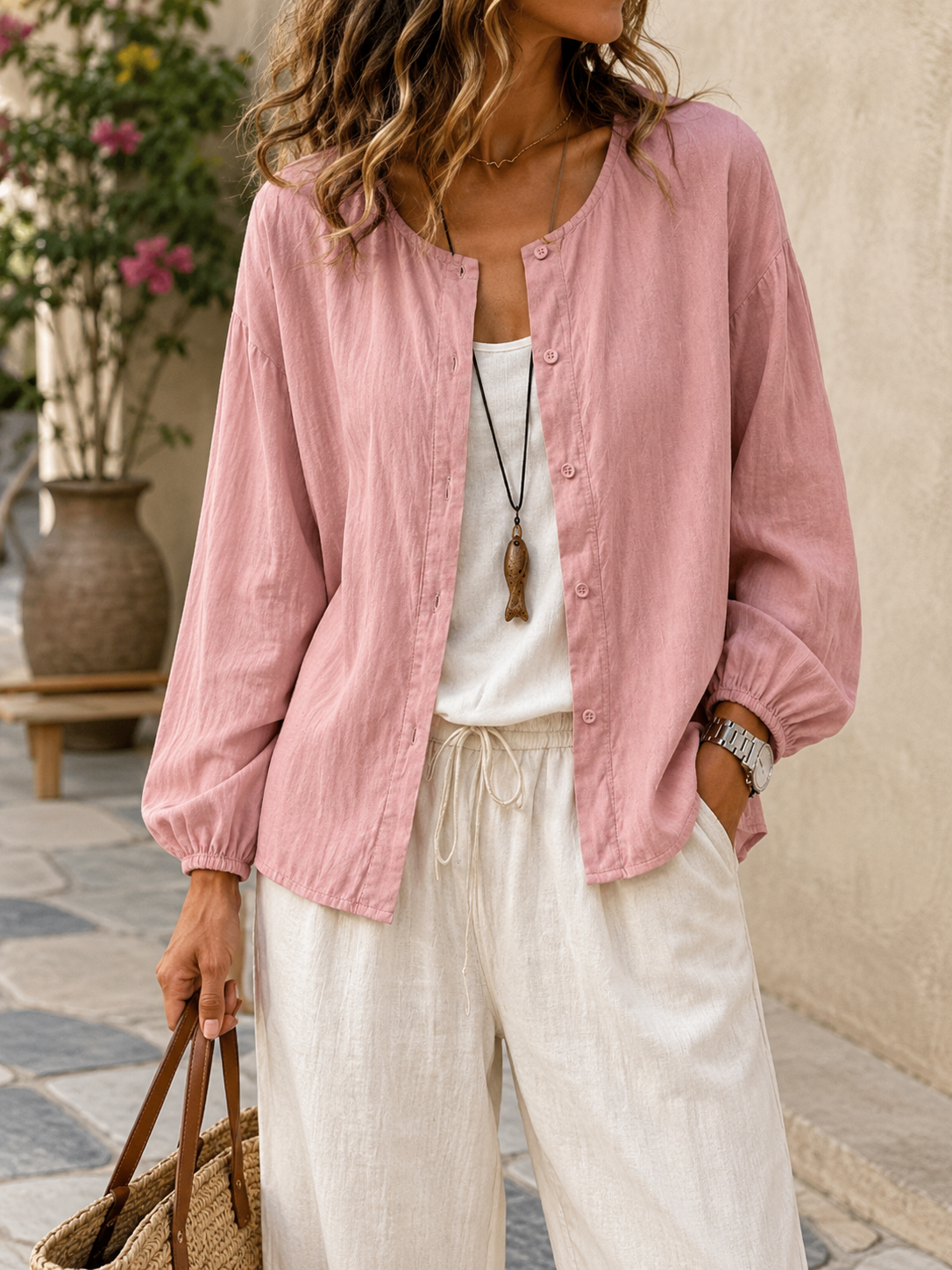 Women’s Shirt Button Closure Round Neck Long Sleeve – Weekend Markets