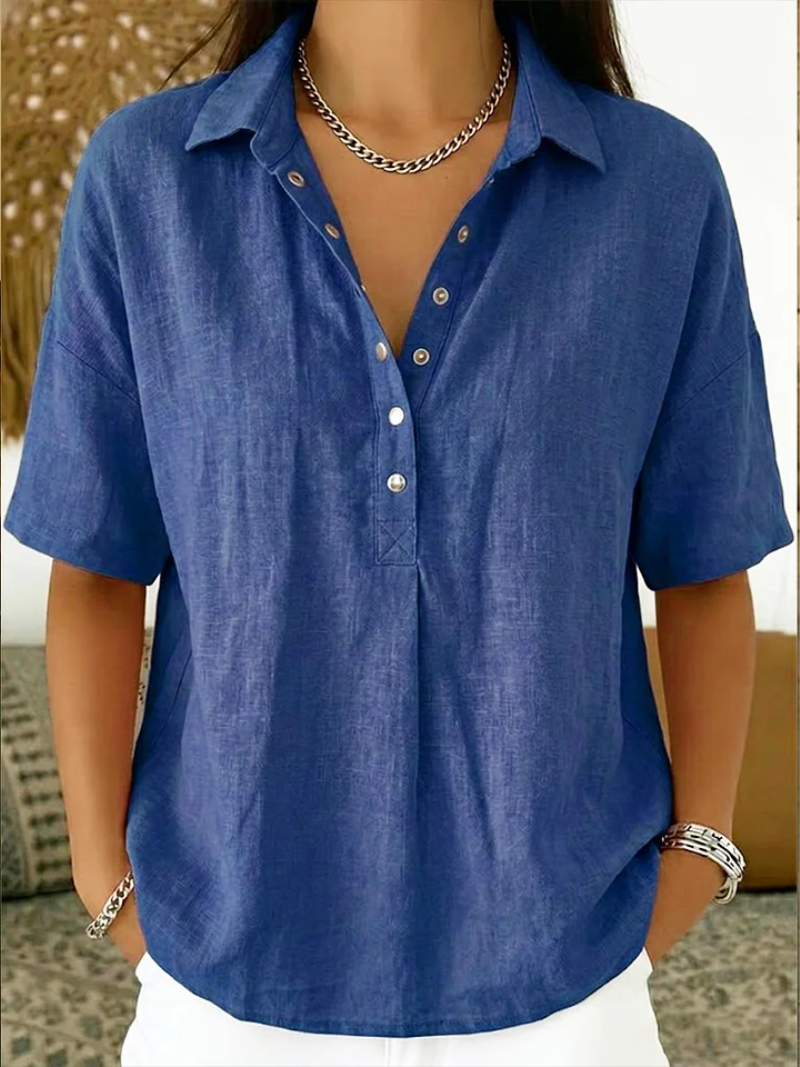 Women's Shirt Collared Button Front Short Sleeve Curved Hem – Coffee Run