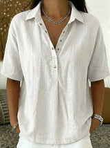Women's Shirt Collared Button Front Short Sleeve Curved Hem – Coffee Run