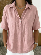 Women's Shirt Collared Button Front Short Sleeve Curved Hem – Coffee Run