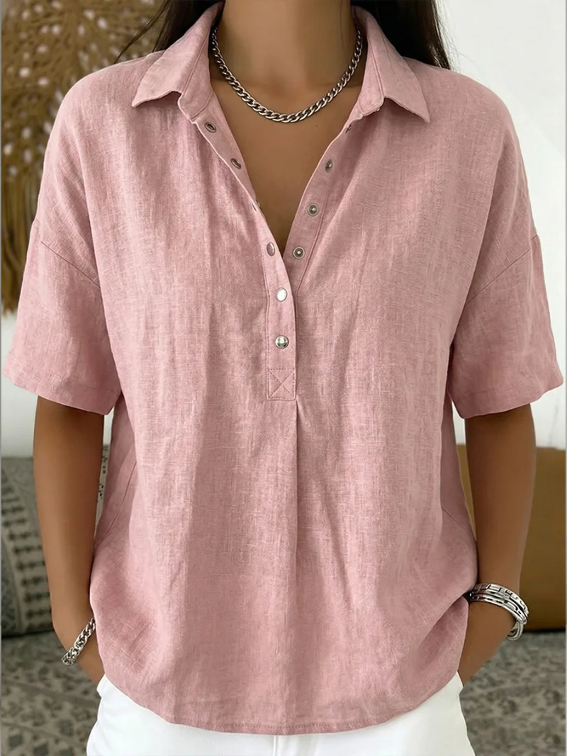Women's Shirt Collared Button Front Short Sleeve Curved Hem – Coffee Run