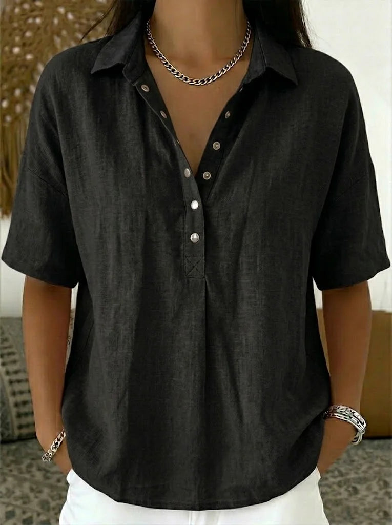 Women's Shirt Collared Button Front Short Sleeve Curved Hem – Coffee Run