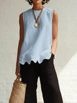 Women's Sleeveless Top Round Neck Scalloped Hem Back Keyhole – Garden Party