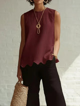 Women's Sleeveless Top Round Neck Scalloped Hem Back Keyhole – Garden Party