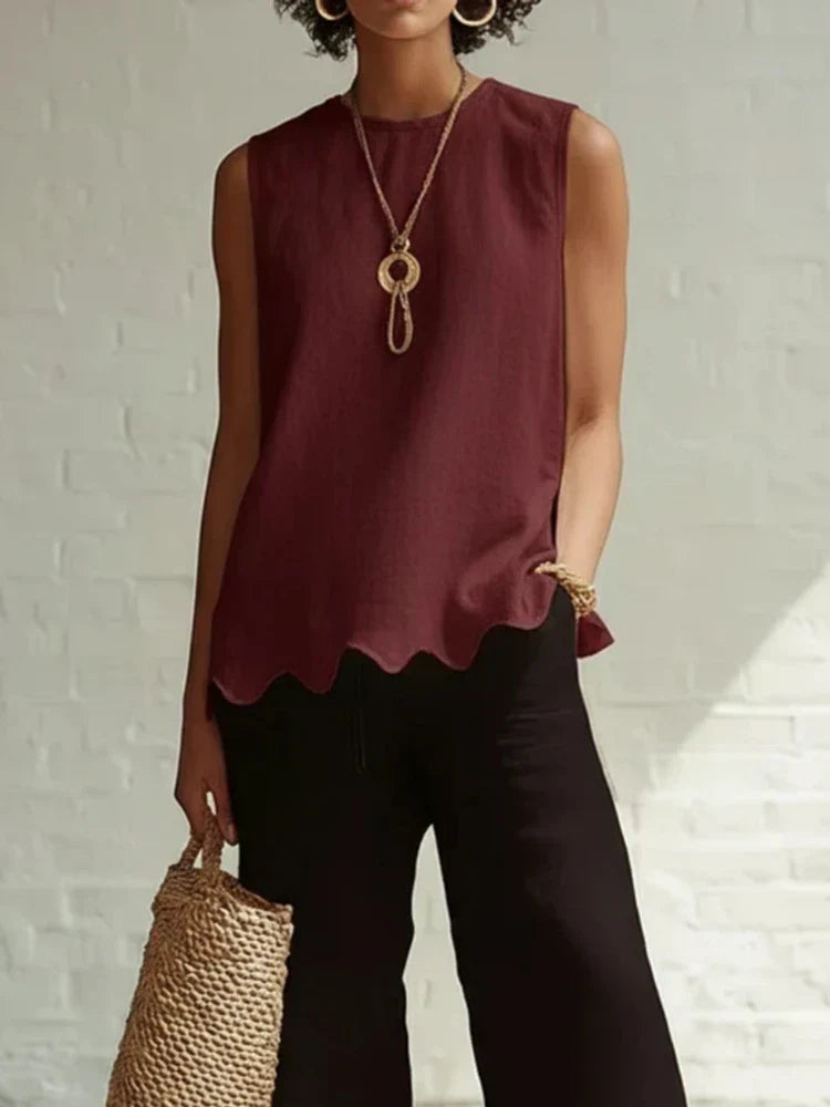 Women's Sleeveless Top Round Neck Scalloped Hem Back Keyhole – Garden Party