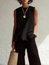 Women's Sleeveless Top Round Neck Scalloped Hem Back Keyhole – Garden Party