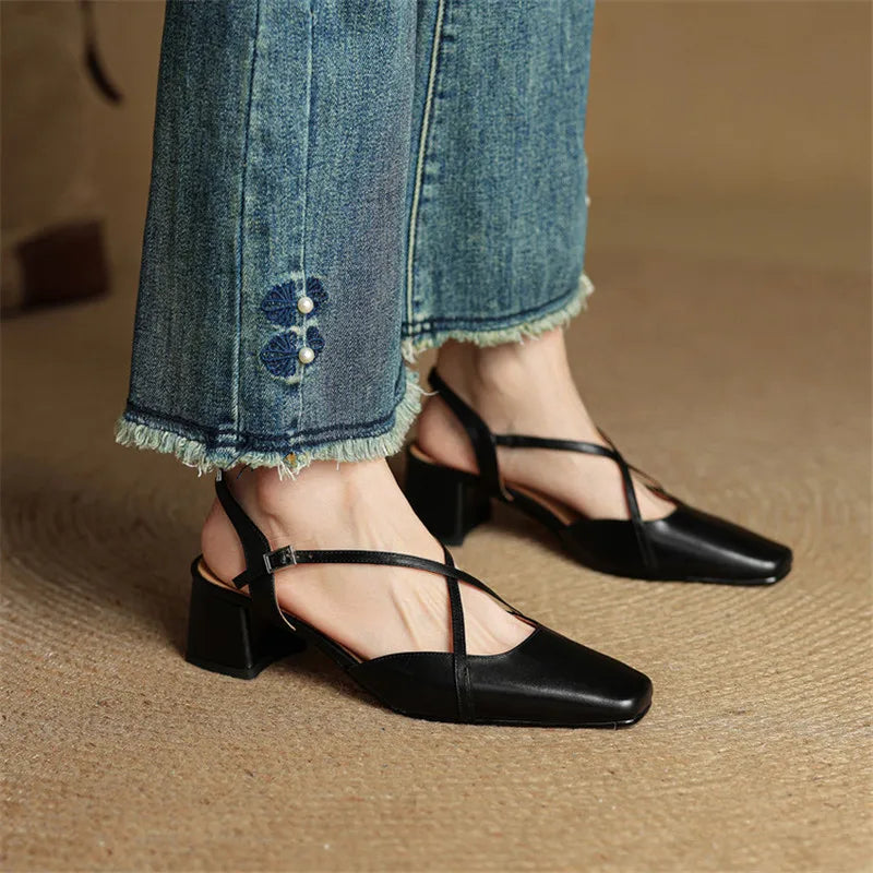 Women's Slingback Heels Cross Strap Square Toe – Office Wear Casual