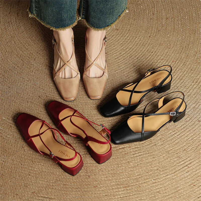 Women's Slingback Heels Cross Strap Square Toe – Office Wear Casual