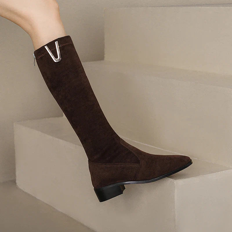 Women's Slip On Knee High Boots Almond Toe Low Block Heel – City Outing
