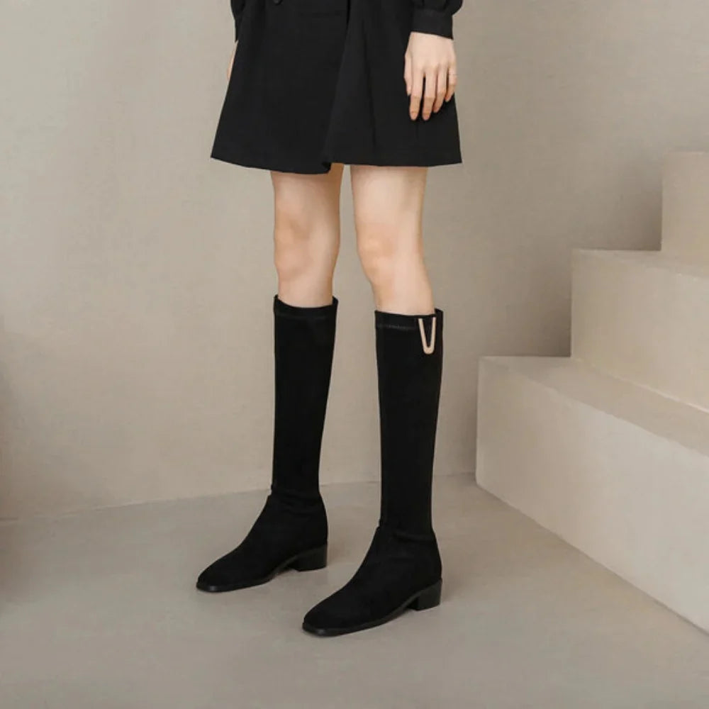 Women's Slip On Knee High Boots Almond Toe Low Block Heel – City Outing