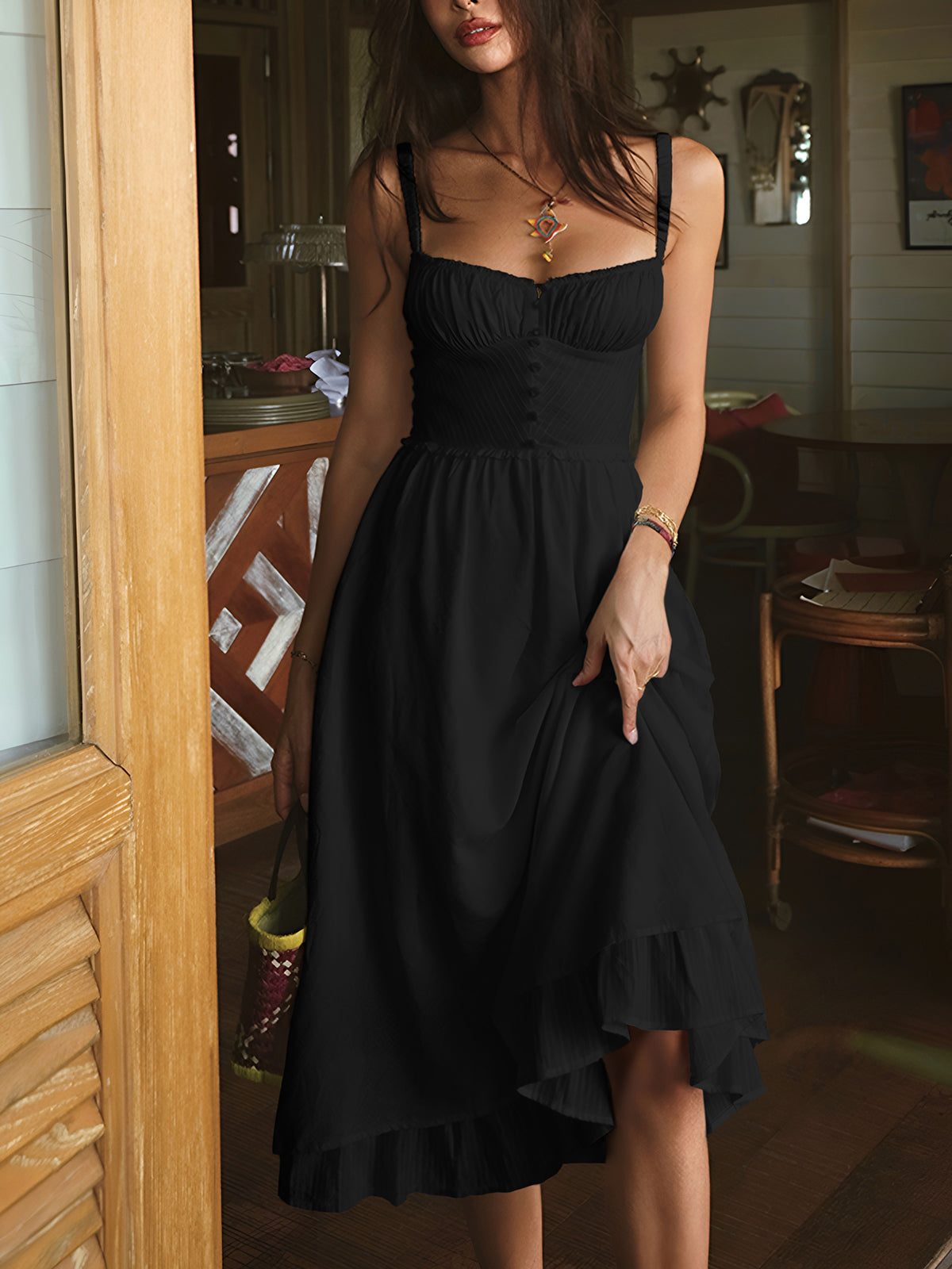 Women's Smocked Midi Dress Spaghetti Strap Ruffle Hem – Everyday Summer Wear