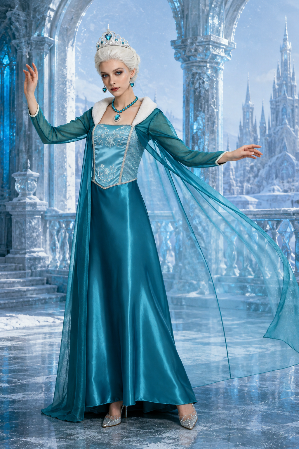 Women's Snow Queen Costume Dress Cloak Sleeve – Halloween Frost Gala