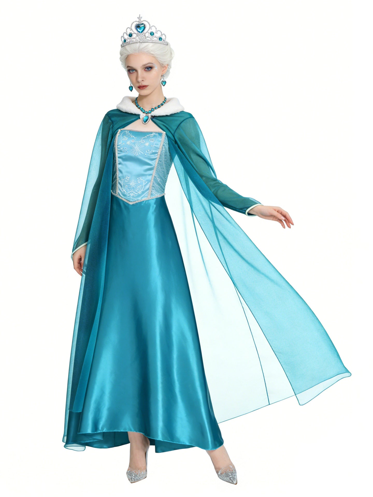 Women's Snow Queen Costume Dress Cloak Sleeve – Halloween Frost Gala