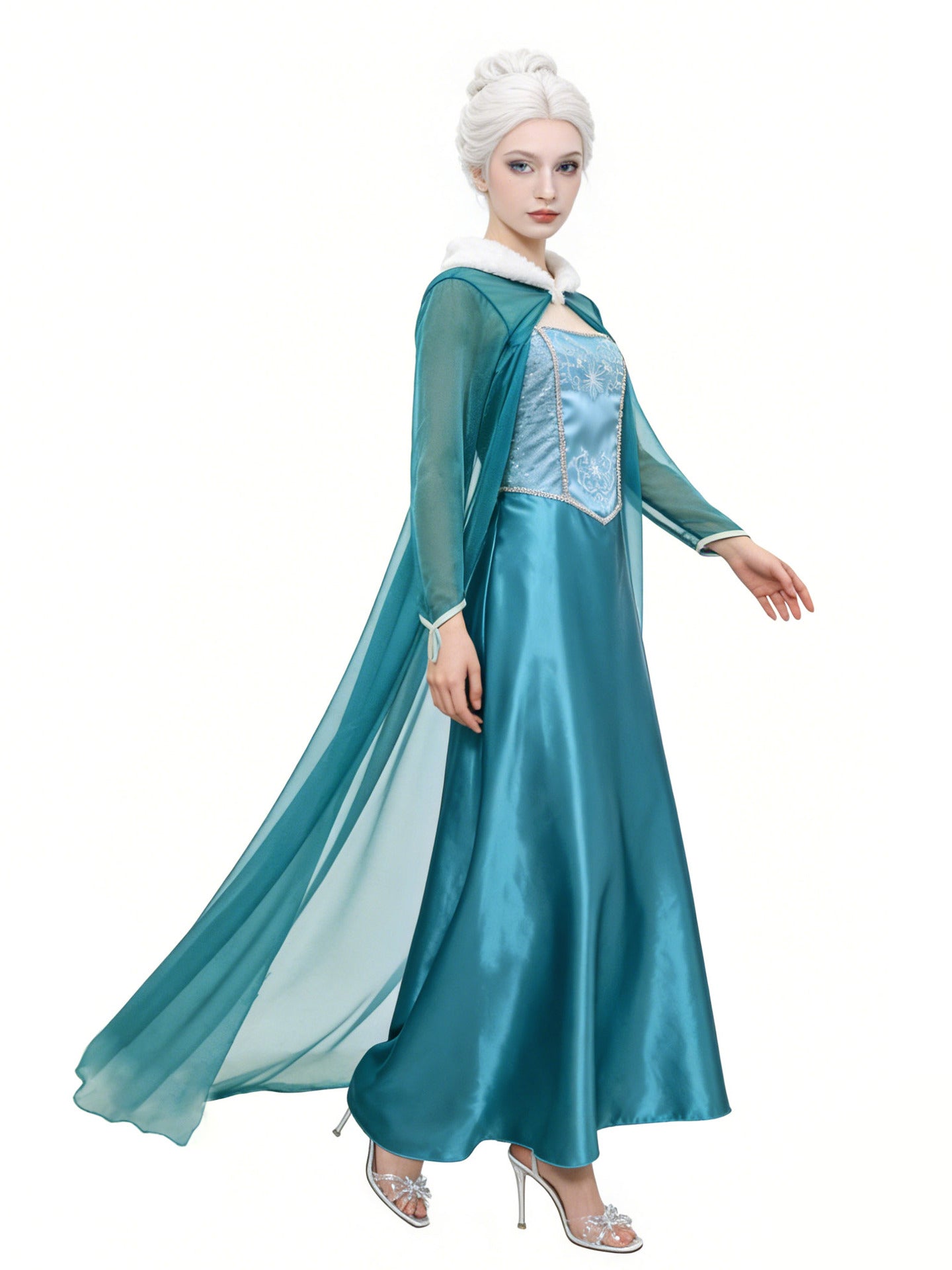 Women's Snow Queen Costume Dress Cloak Sleeve – Halloween Frost Gala