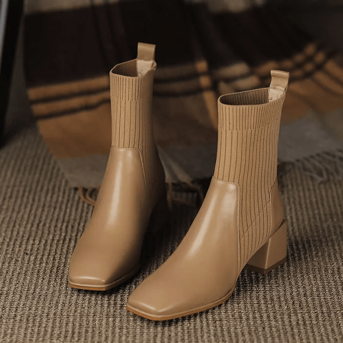 Women's Sock Ankle Boots Ribbed Knit Block Heel Rounded Toe – Night Out
