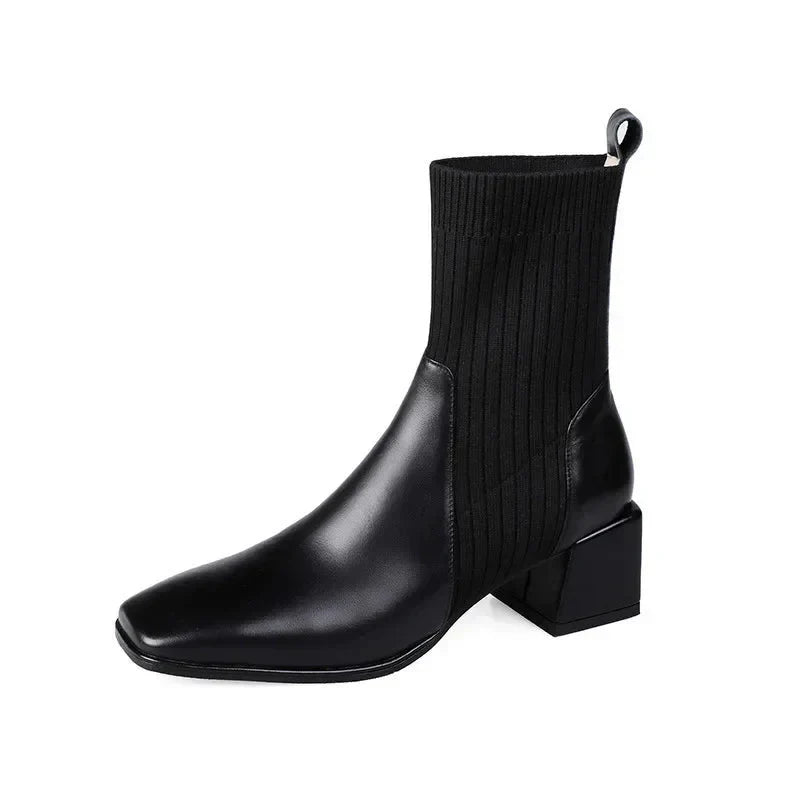 Women's Sock Ankle Boots Ribbed Knit Block Heel Rounded Toe – Night Out