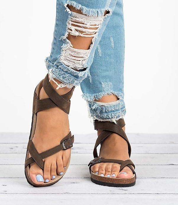 Women's Strappy Flat Sandals Toe Loop Buckle Strap – Weekend Wear