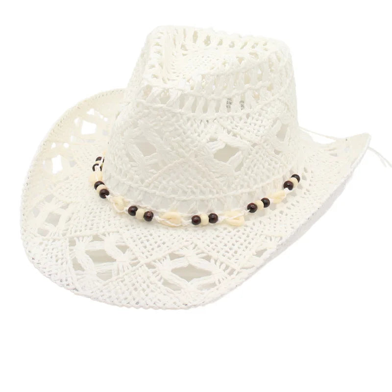 Women's Straw Sun Hat Openwork Wide Brim Beaded Band – Beach Vacation