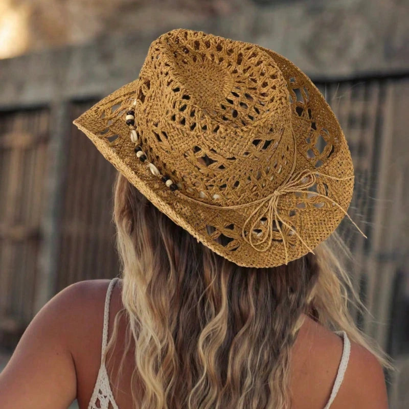 Women's Straw Sun Hat Openwork Wide Brim Beaded Band – Beach Vacation