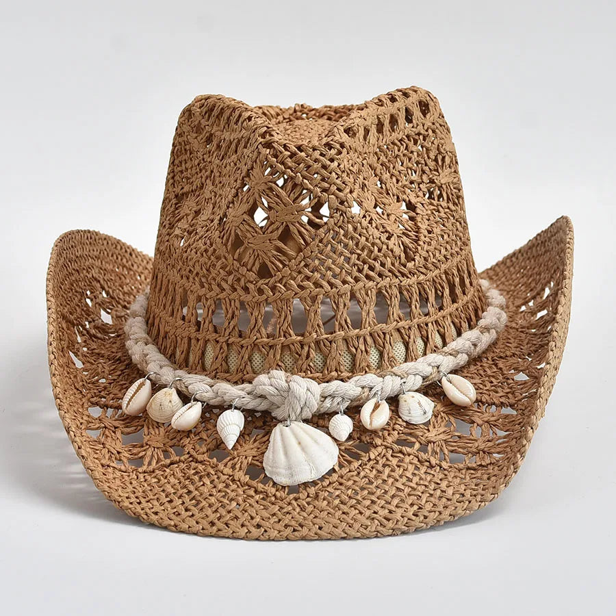 Women's Straw Sun Hat Openwork Wide Brim Shell Band – Resort Day