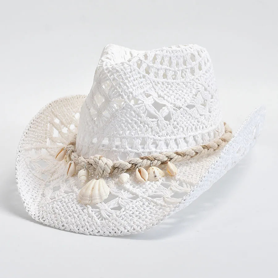 Women's Straw Sun Hat Openwork Wide Brim Shell Band – Resort Day