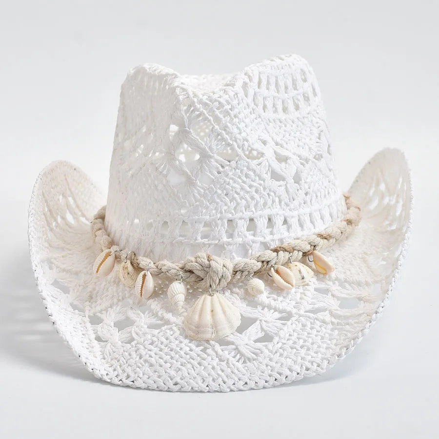 Women's Straw Sun Hat Openwork Wide Brim Shell Band – Resort Day