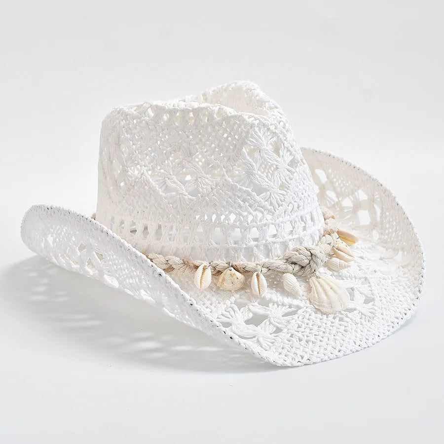 Women's Straw Sun Hat Openwork Wide Brim Shell Band – Resort Day