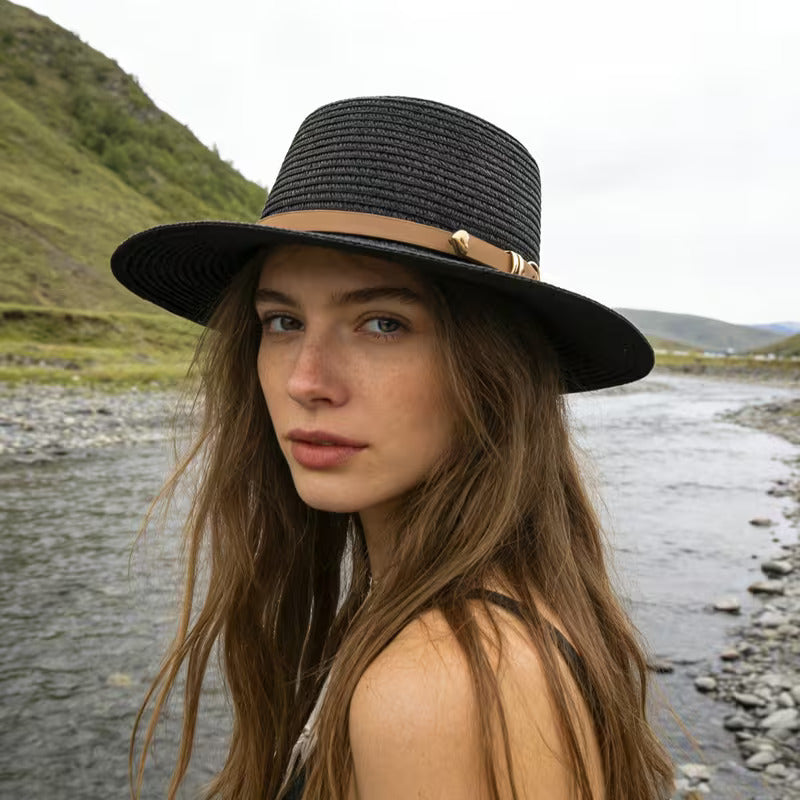 Women's Straw Sun Hat Wide Brim Flat Crown Buckle Band – Boardwalk Outing