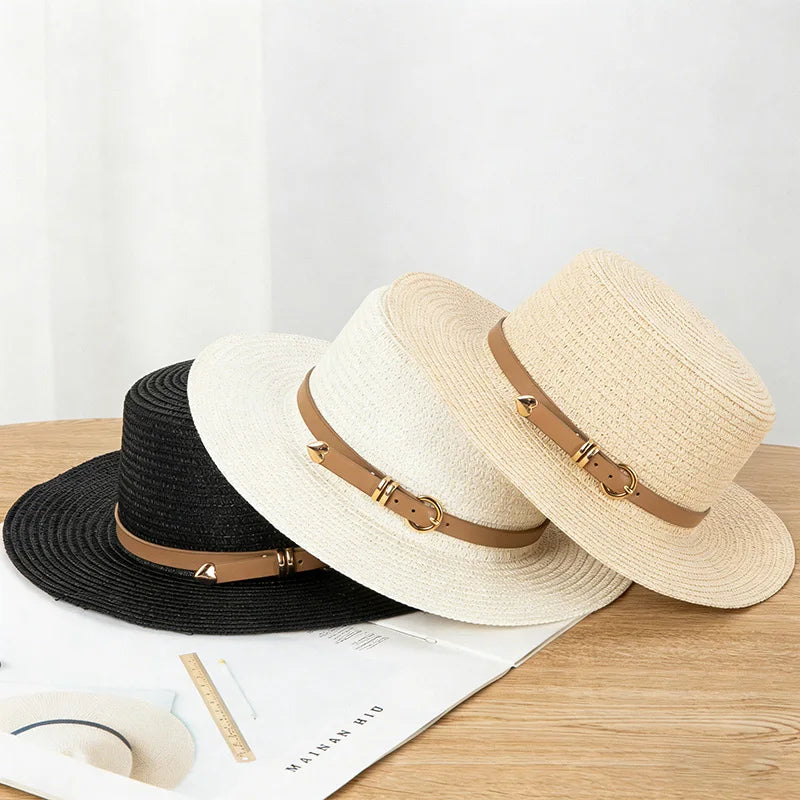 Women's Straw Sun Hat Wide Brim Flat Crown Buckle Band – Boardwalk Outing