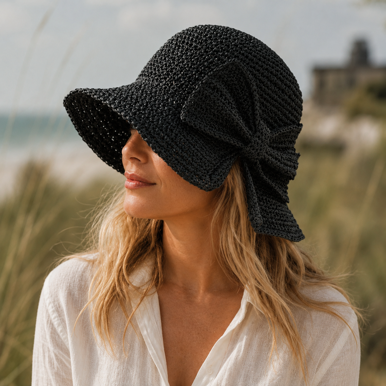 Women's Straw Sun Hat Wide Brim Side Bow Woven Texture – Beach Picnic