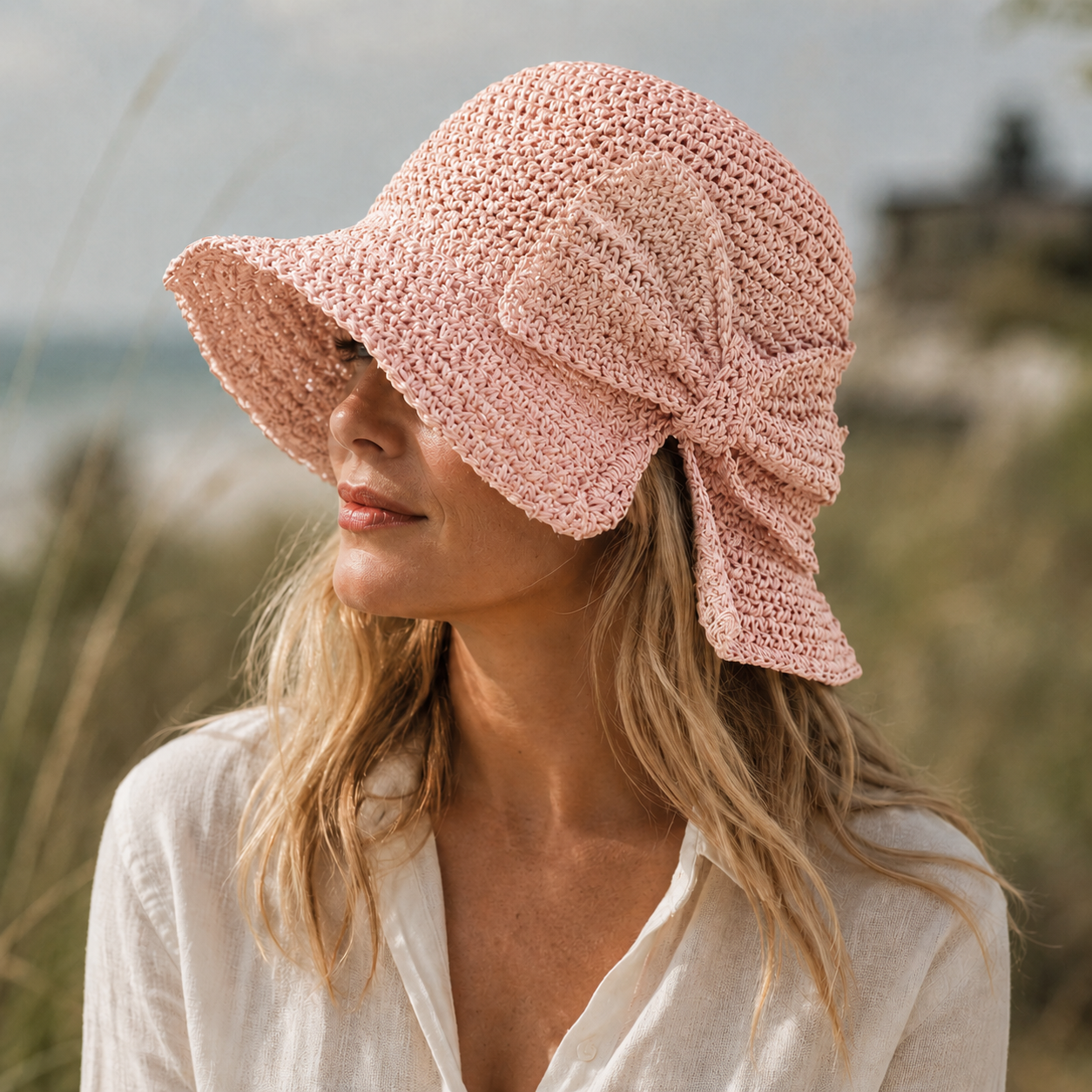 Women's Straw Sun Hat Wide Brim Side Bow Woven Texture – Beach Picnic