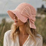 Women's Straw Sun Hat Wide Brim Side Bow Woven Texture – Beach Picnic