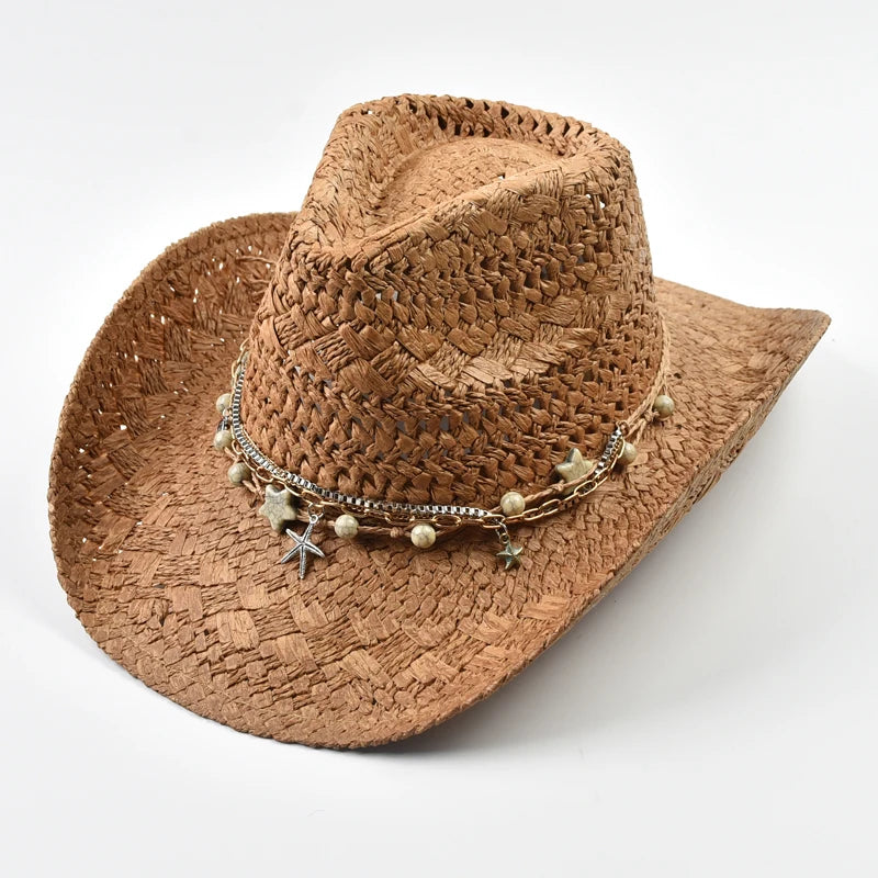 Women's Straw Sun Hat Woven Crown Curved Brim Charm Band – Seaside Festival