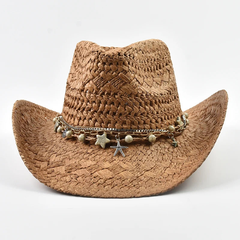 Women's Straw Sun Hat Woven Crown Curved Brim Charm Band – Seaside Festival