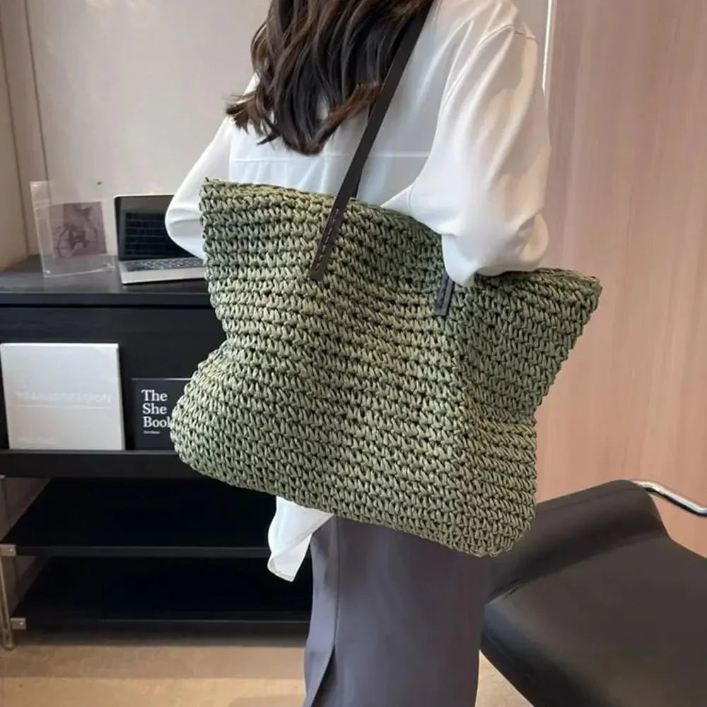 Women's Straw Tote Bag Large Woven Shoulder Open Top – Summer Vacation
