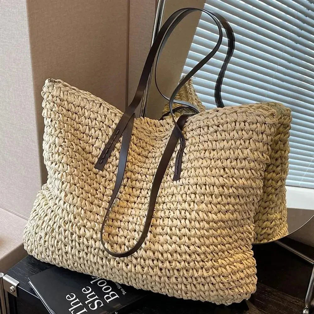 Women's Straw Tote Bag Large Woven Shoulder Open Top – Summer Vacation