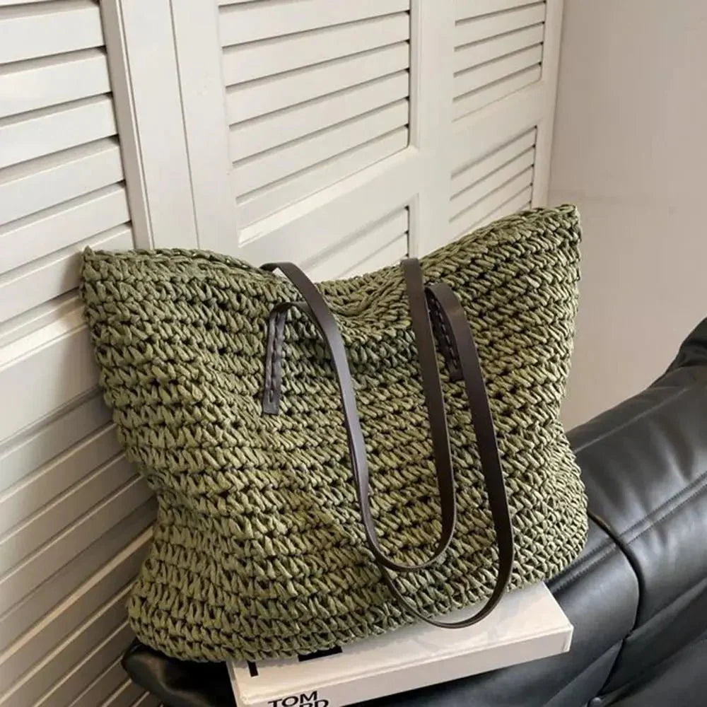 Women's Straw Tote Bag Large Woven Shoulder Open Top – Summer Vacation
