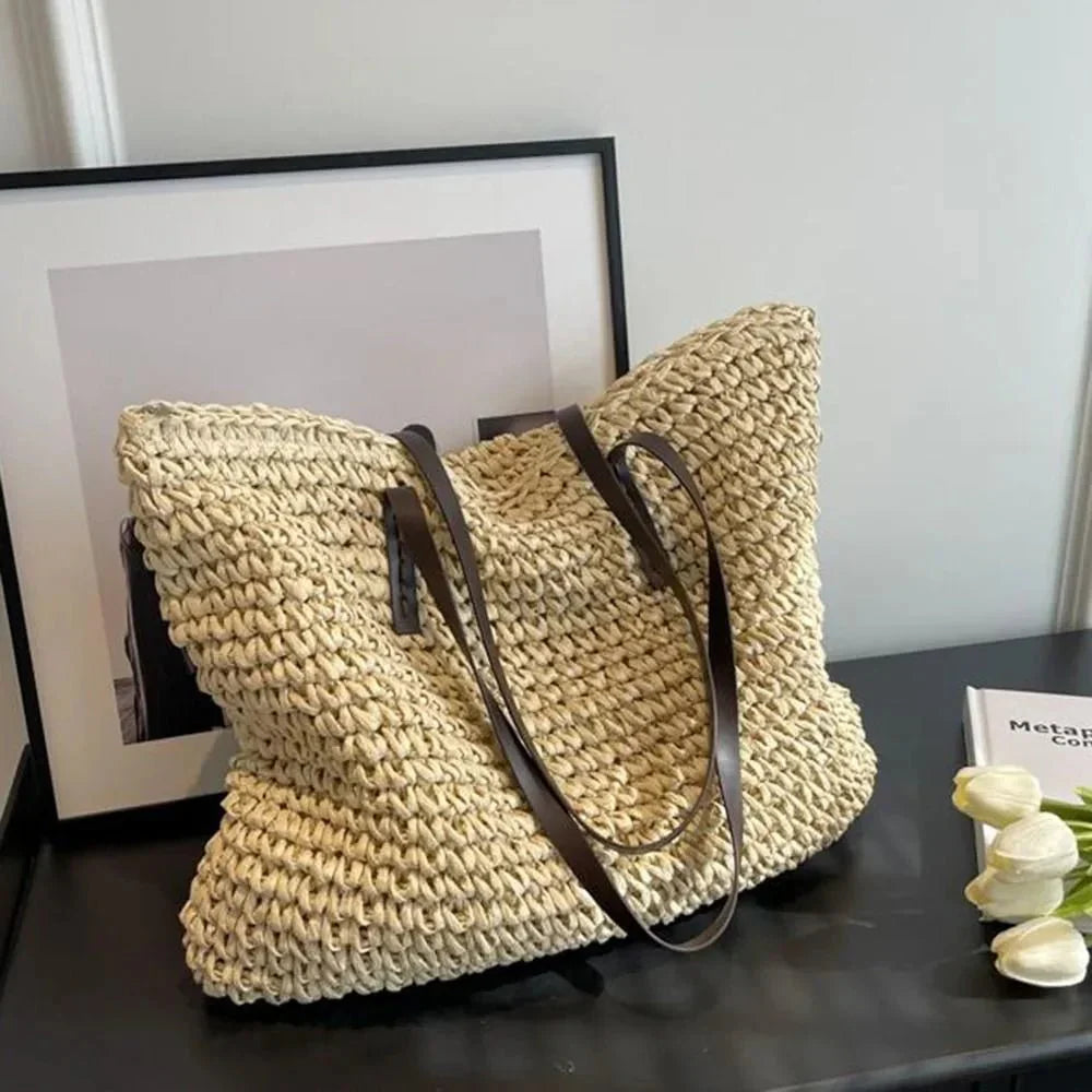 Women's Straw Tote Bag Large Woven Shoulder Open Top – Summer Vacation