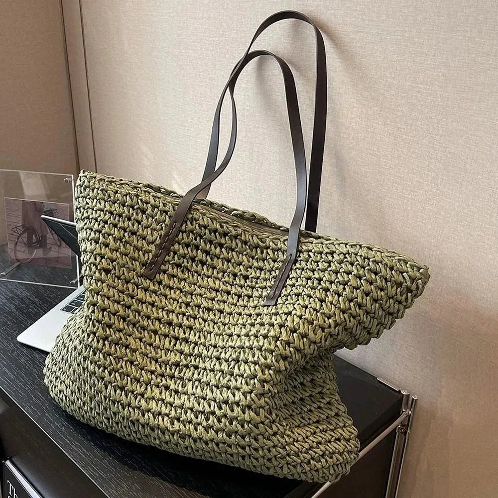 Women's Straw Tote Bag Large Woven Shoulder Open Top – Summer Vacation
