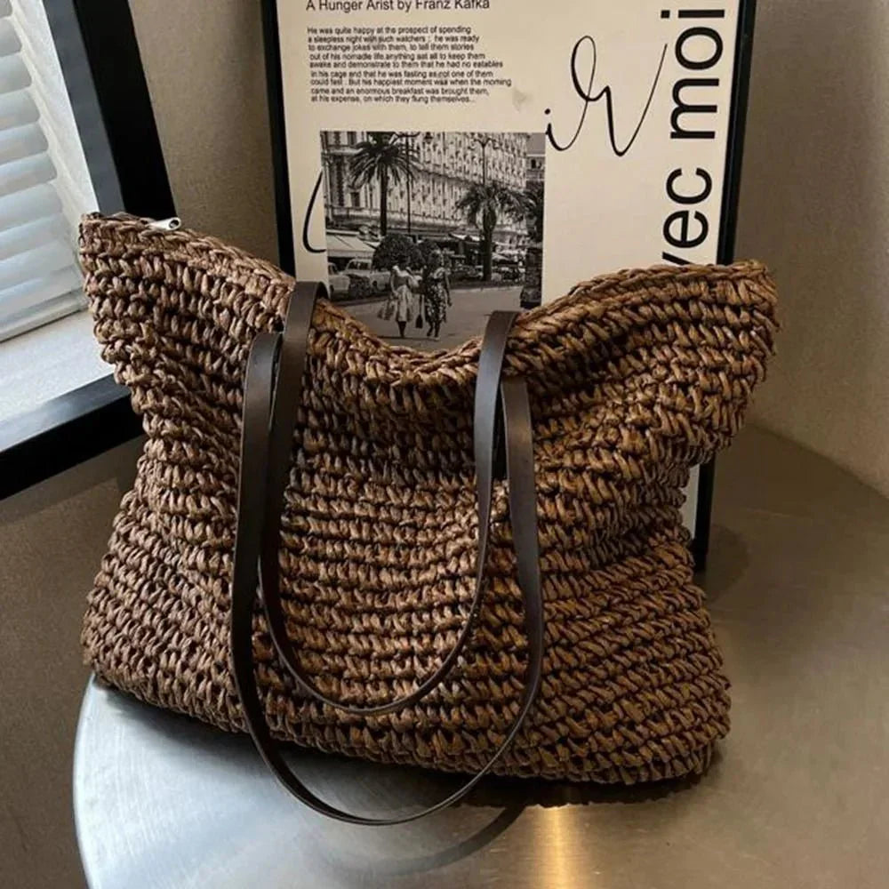 Women's Straw Tote Bag Large Woven Shoulder Open Top – Summer Vacation