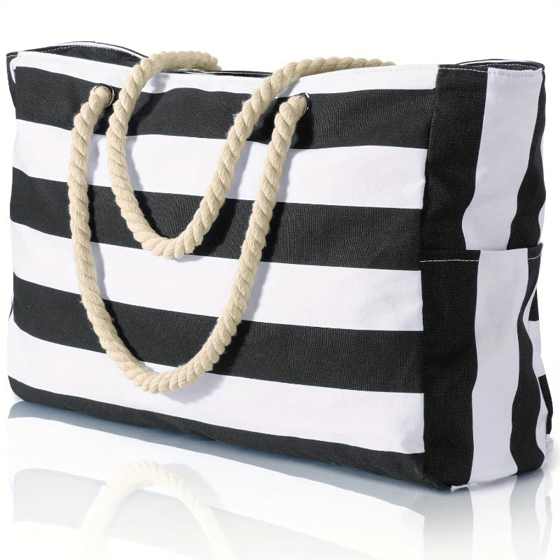 Women's Stripe Beach Tote Bag Rope Handles Wide Opening – Summer Vacation