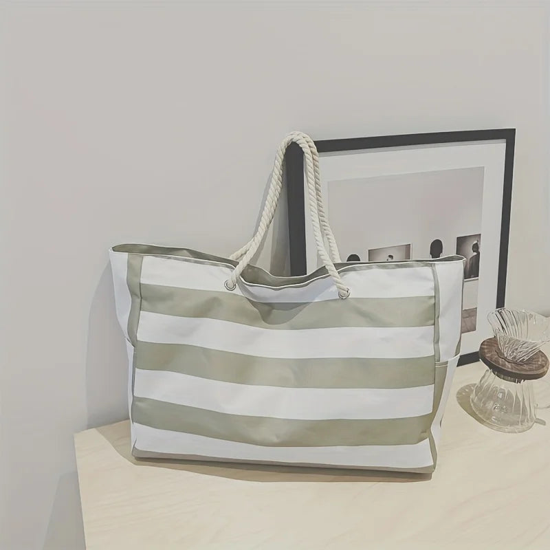 Women's Stripe Beach Tote Bag Rope Handles Wide Opening – Summer Vacation