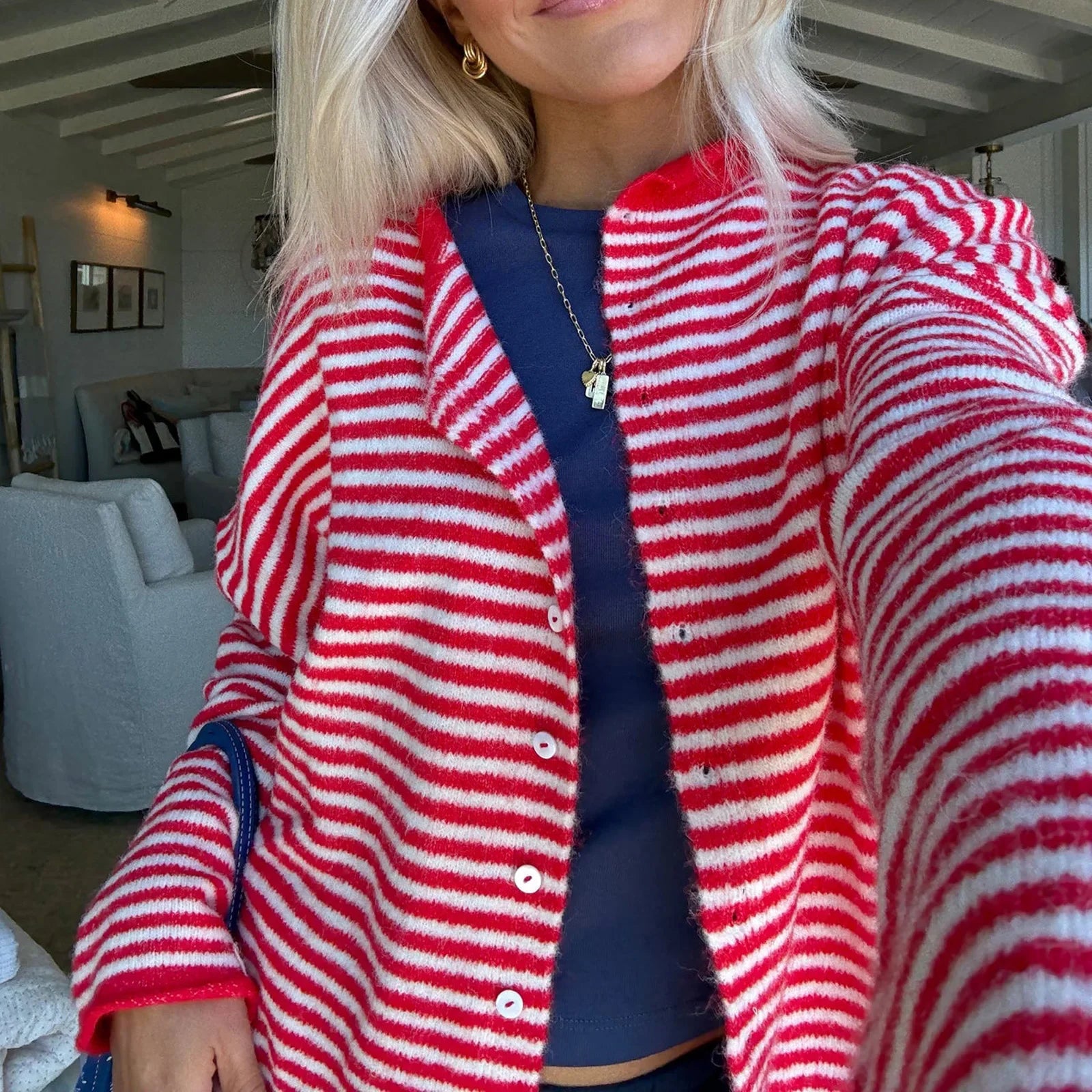 Women's Stripe CardiganLong Sleeve Button Front - Casual Everyday