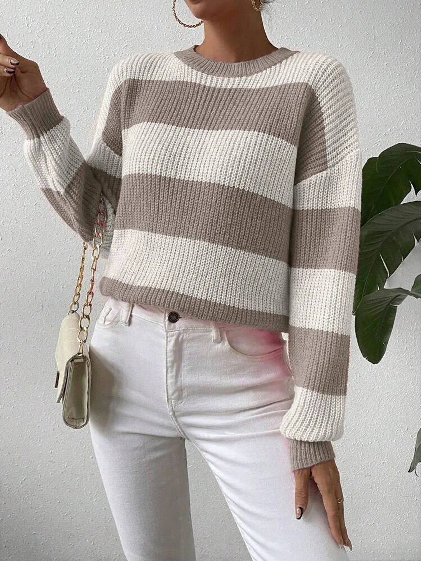 Women's Stripe Knit Sweater Crew Neck Dropped Shoulder – Casual Fall
