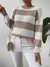Women's Stripe Knit Sweater Crew Neck Dropped Shoulder – Casual Fall